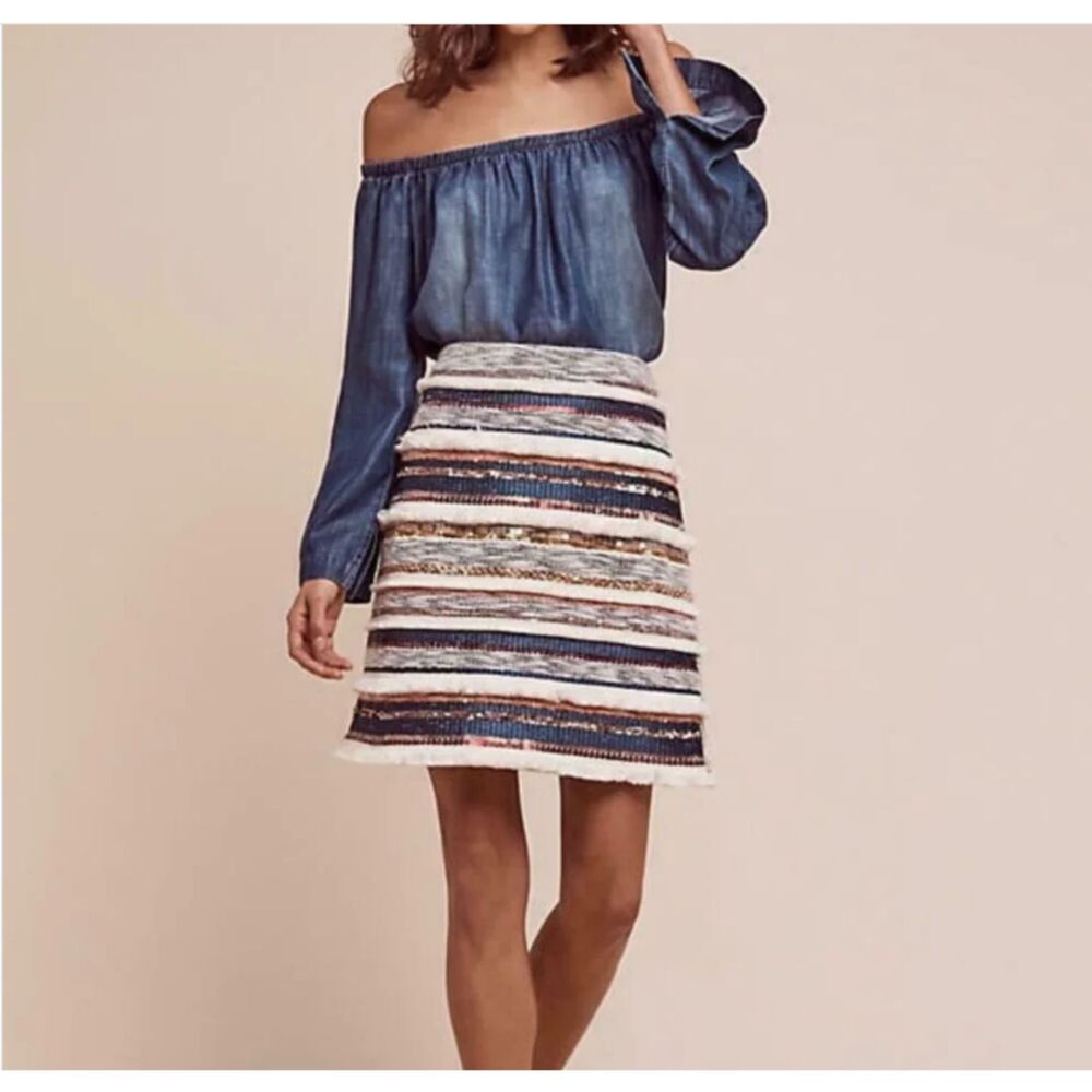 Anthropologie Moulinette Soeurs Erine Fringe Sequin Mini Skirt 0 Boho Colorful